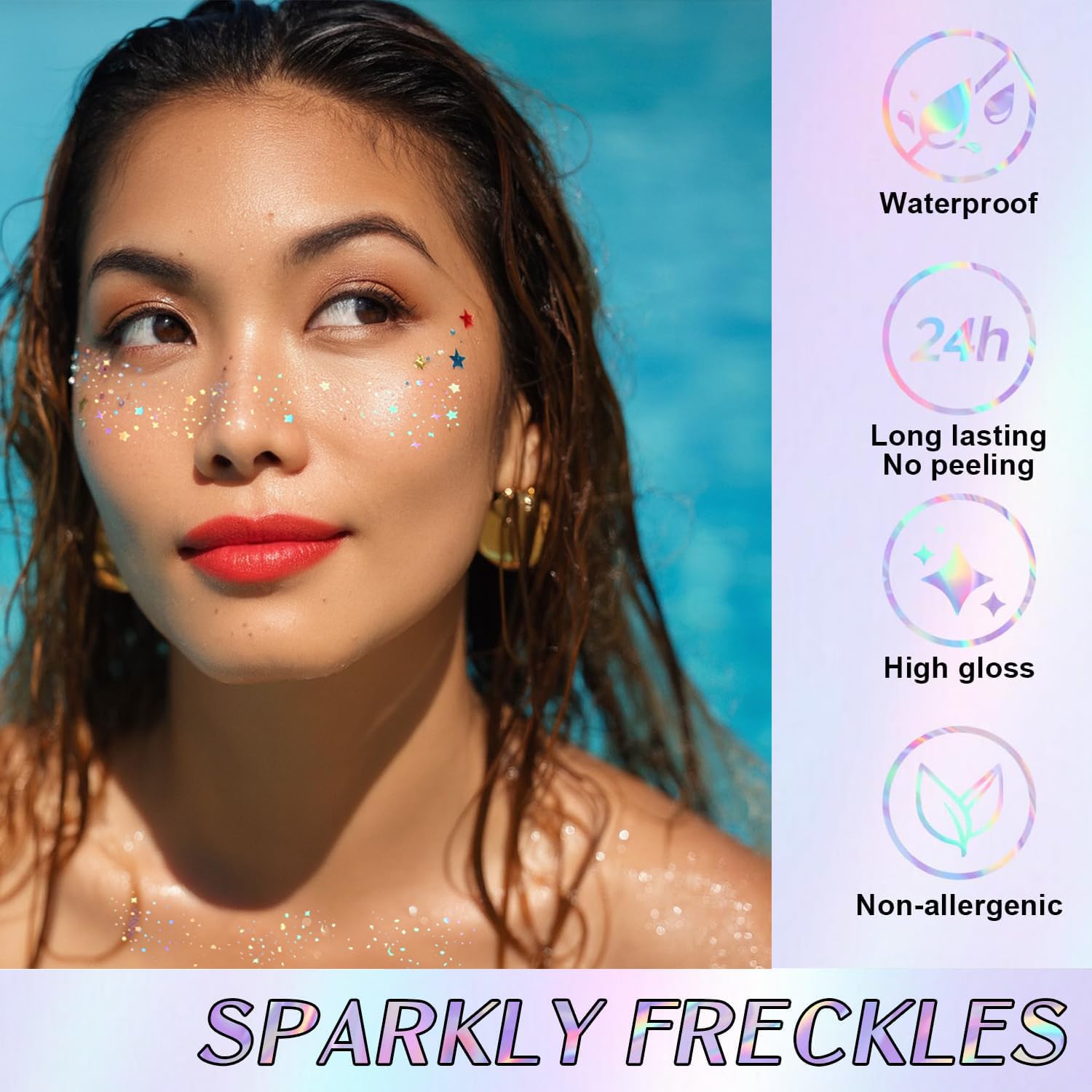 Waterproof temporary glitter freckles patches showcasing different geometric heart and star patterns
