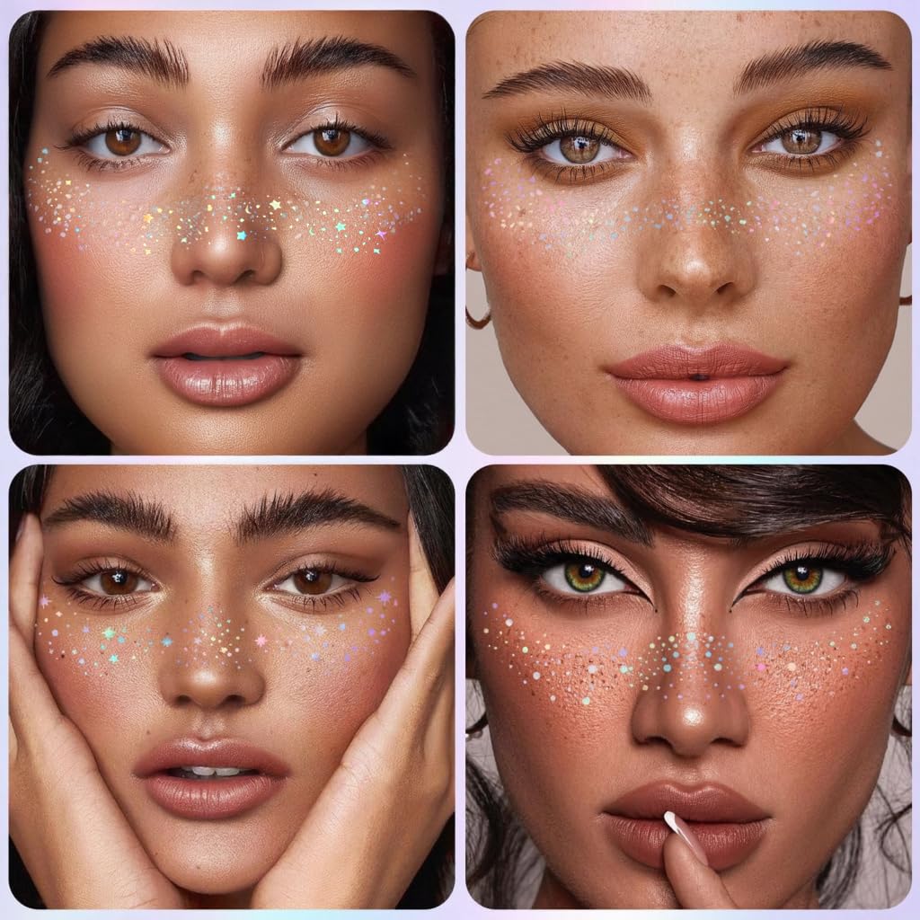 Holographic face glitter speckles demonstrating easy peel and stick application sequence