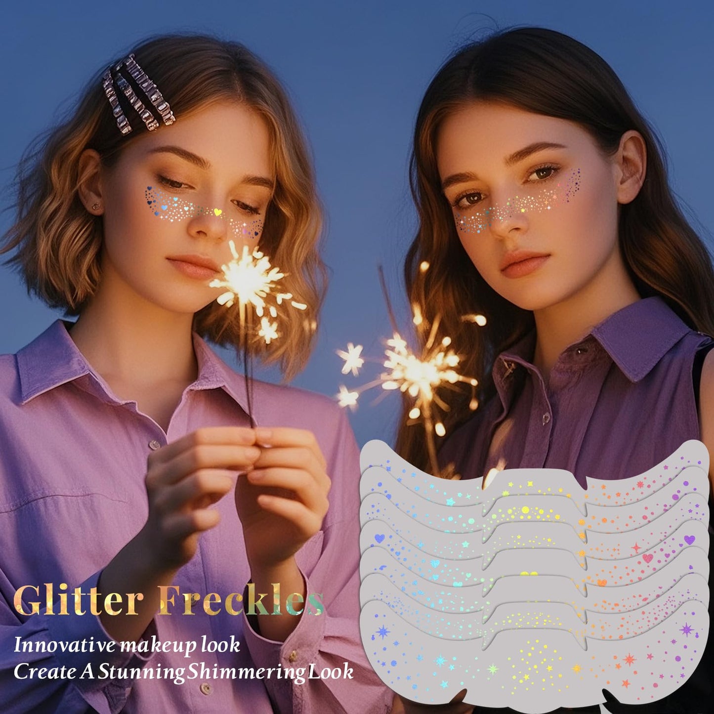 Different geometric shapes of gold and holographic glitter freckle face tattoos