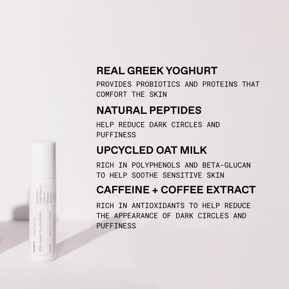 Close up of Korres eye gel packaging highlighting hyaluronic acid and caffeine