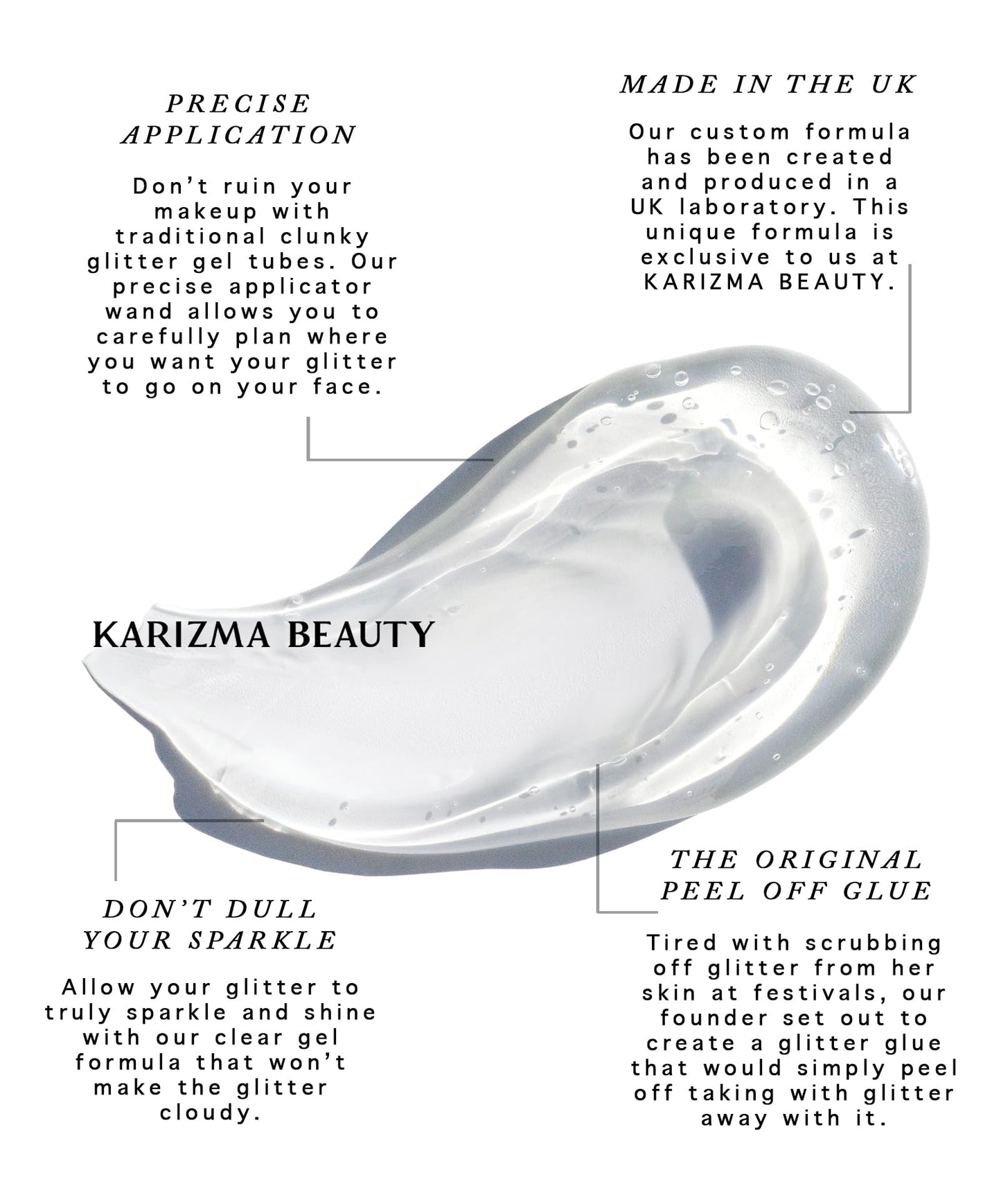 Long lasting glitter fixer gel for rhinestones and face gems.