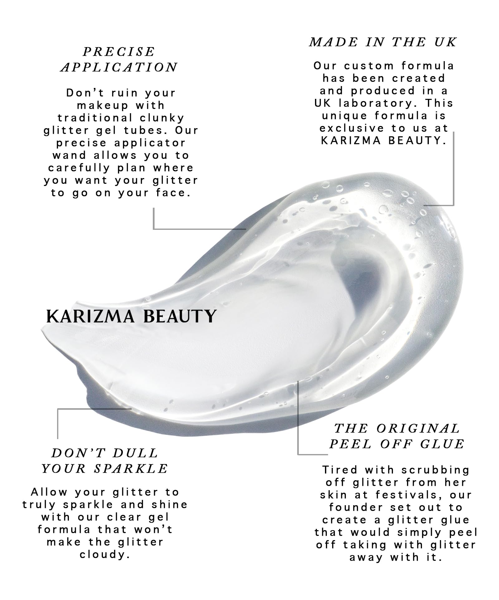 Long lasting glitter fixer gel for rhinestones and face gems.