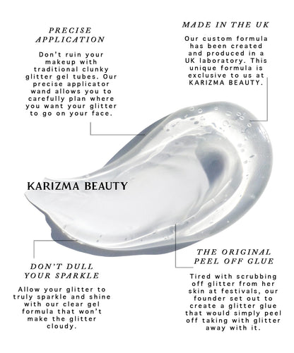 Long lasting glitter fixer gel for rhinestones and face gems.
