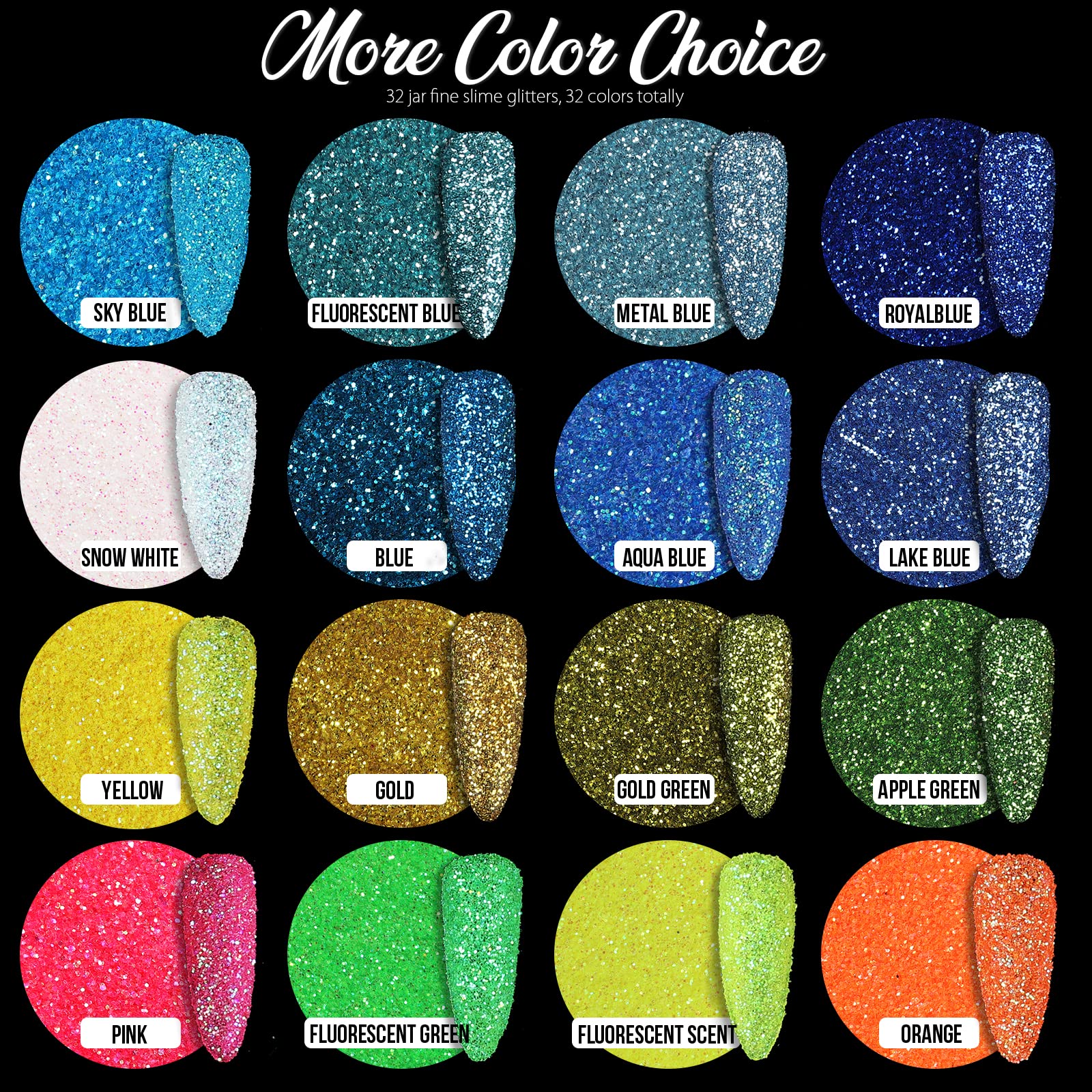 Close up look of premium cosmetic grade extra fine glitter powder textures