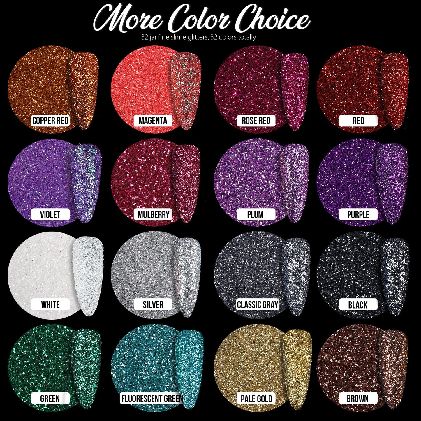 Vibrant assortment of thirty two resealable mini jars filled with craft glitter