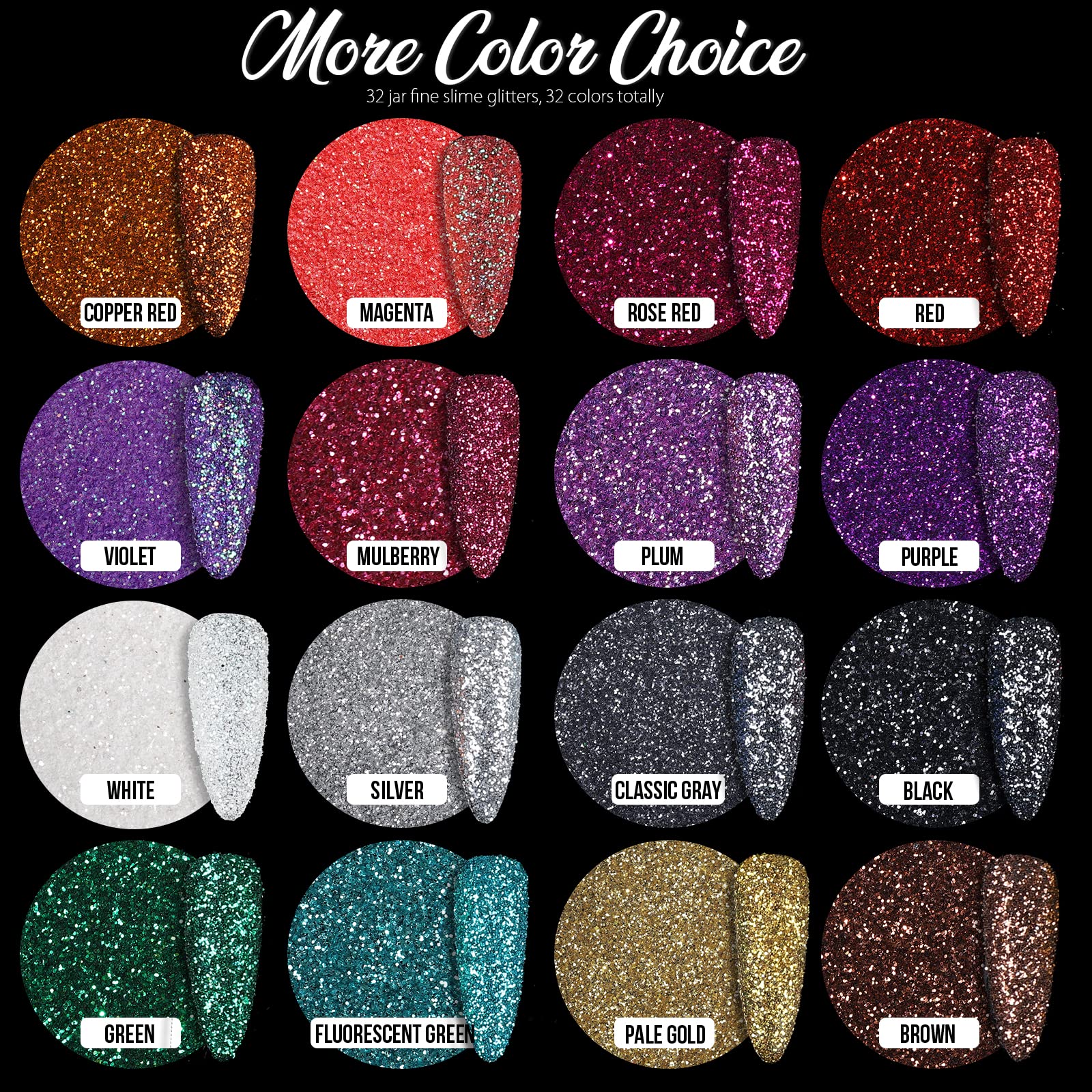 Vibrant assortment of thirty two resealable mini jars filled with craft glitter