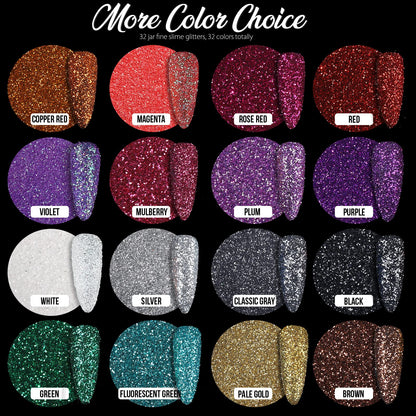 Vibrant assortment of thirty two resealable mini jars filled with craft glitter