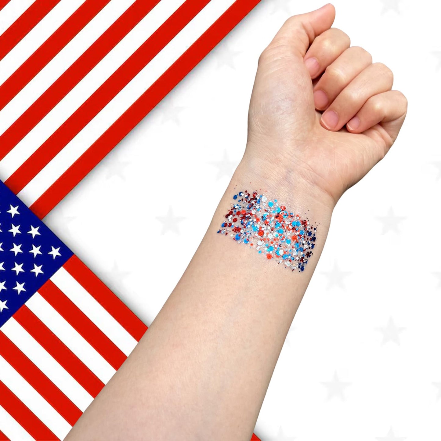 Mysense multi-use patriotic body glitter being swiped gently onto hair and collarbones for a festival look.