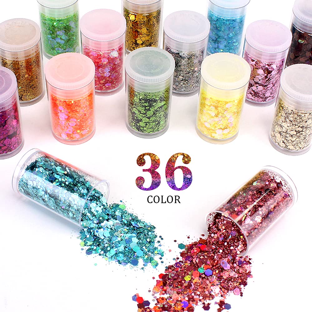 Estanoite cosmetic loose glitter flakes close up displaying holographic hexagon shapes and fine powder