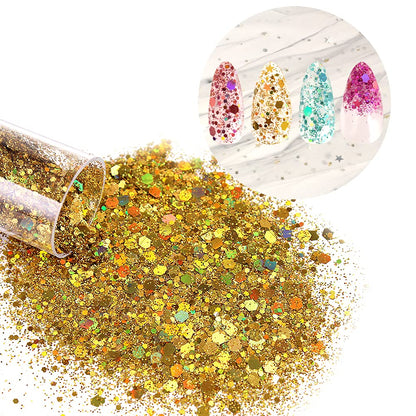 Estanoite 36 colors iridescent sequins and glitter powder mix showing a selection of blue and teal shades