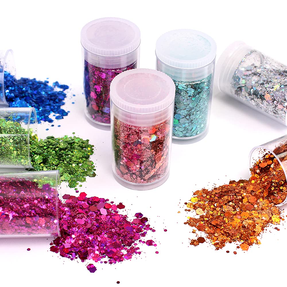 Estanoite USA imported cosmetic grade body and nail art glitter pots highlighting different textures