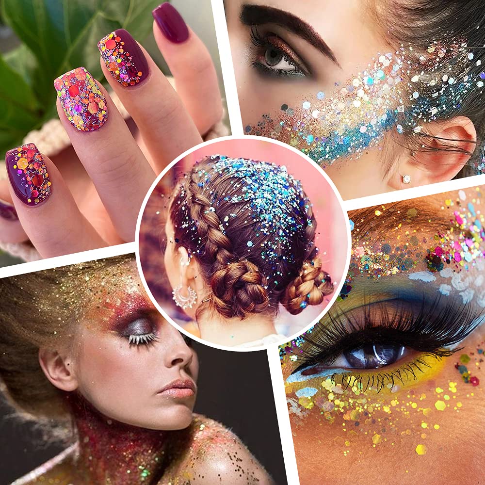Estanoite holographic loose craft glitter assortment showcasing premium metallic pink and gold jars
