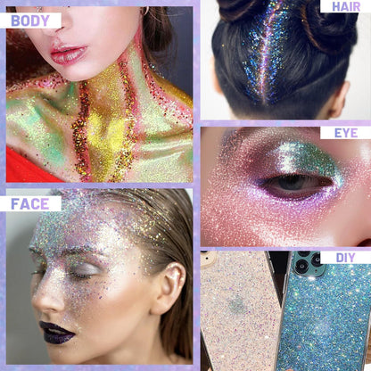 DAGEDA body shimmer gel applied on skin demonstrating mermaid makeup shine under light