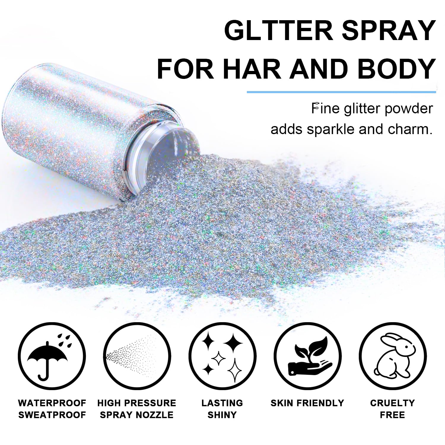 Holographic rainbow sparkle powder effect on a model with shimmering hair and skin.