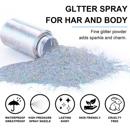 Holographic rainbow sparkle powder effect on a model with shimmering hair and skin.