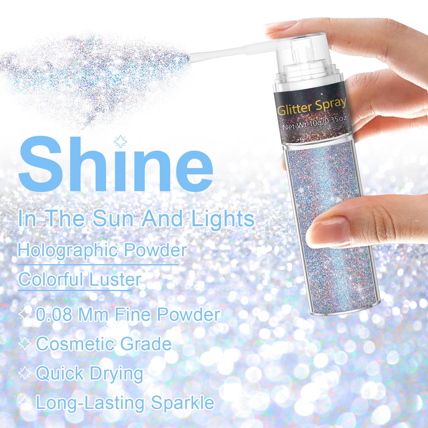 Multi purpose festival sparkle spray applied lightly over rave clothes and fabric.