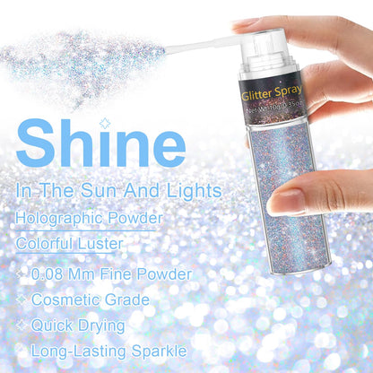 Multi purpose festival sparkle spray applied lightly over rave clothes and fabric.
