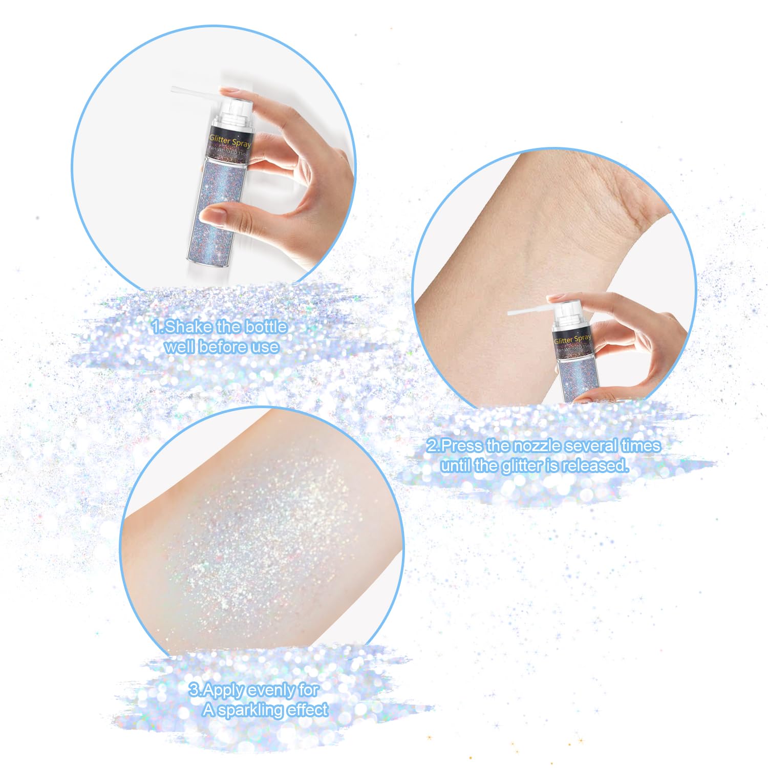 Demonstration of the non clumping and even distribution of rainbow glitter powder.