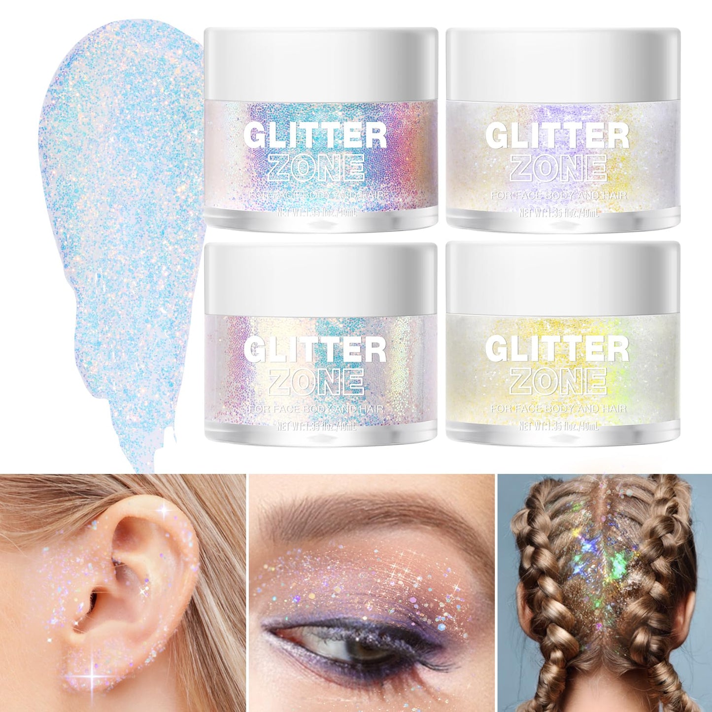 Cosmetic grade self adhesive body glitter applied creatively on a model face