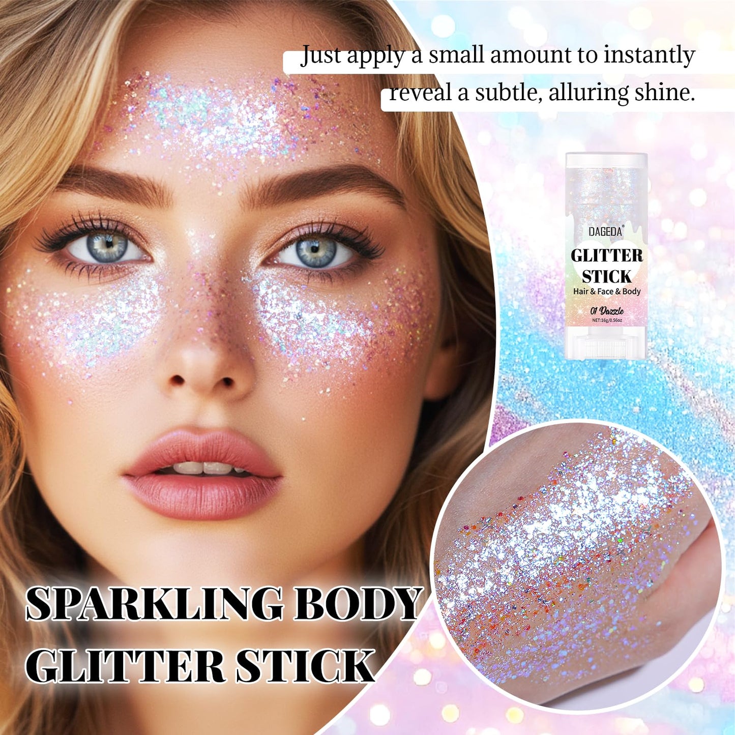 Close up of DAGEDA holographic face glitter makeup swatch showcasing star flakes and hexagonal shimmer particles