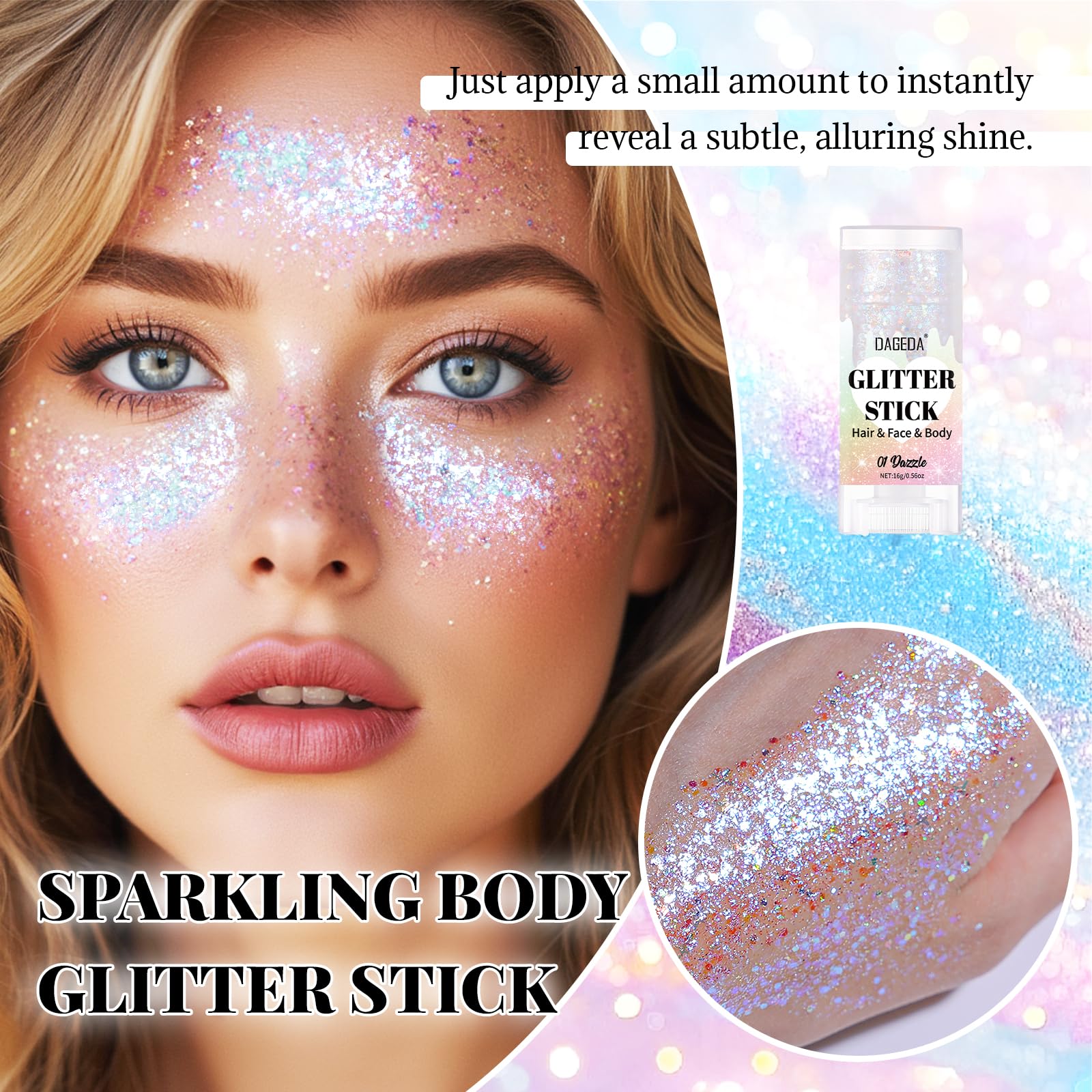 Close up of DAGEDA holographic face glitter makeup swatch showcasing star flakes and hexagonal shimmer particles