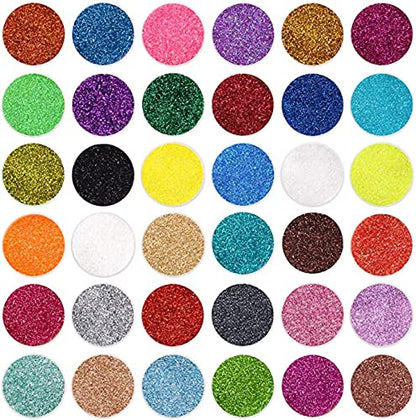 Assorted holographic and metallic fine glitter powders arranged neatly to show the diverse color palette