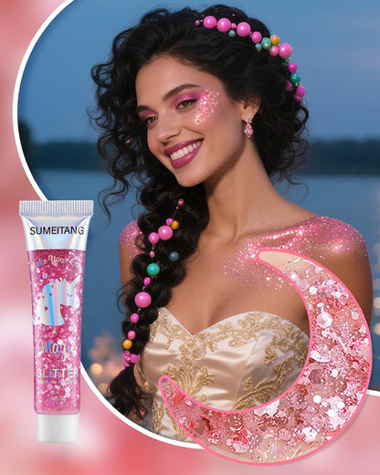 Close-up of iridescent mermaid sequins shimmering on a model's cheekbones.