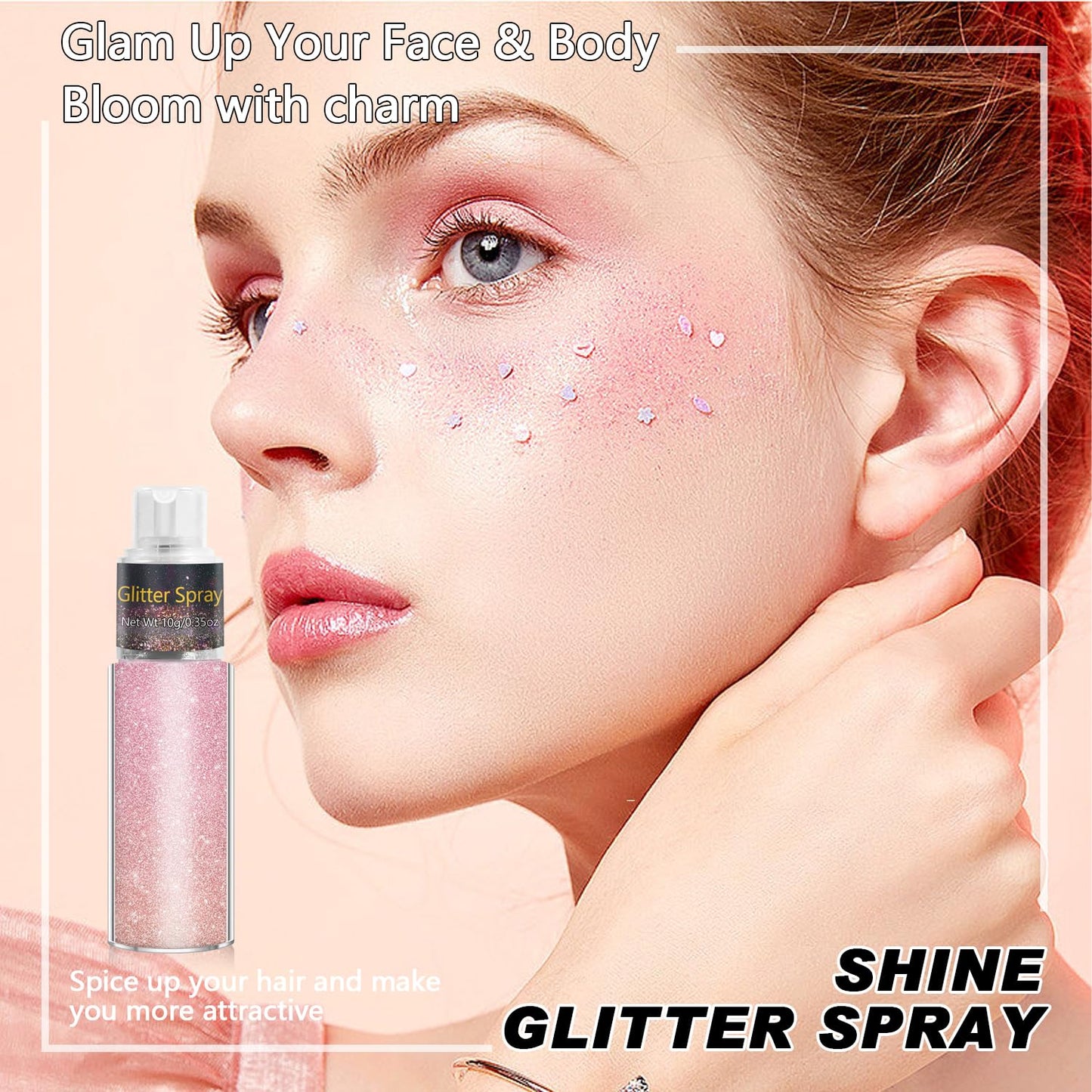 Holographic pink glitter spray being misted onto hair for festival styling.