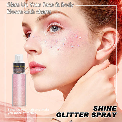 Holographic pink glitter spray being misted onto hair for festival styling.