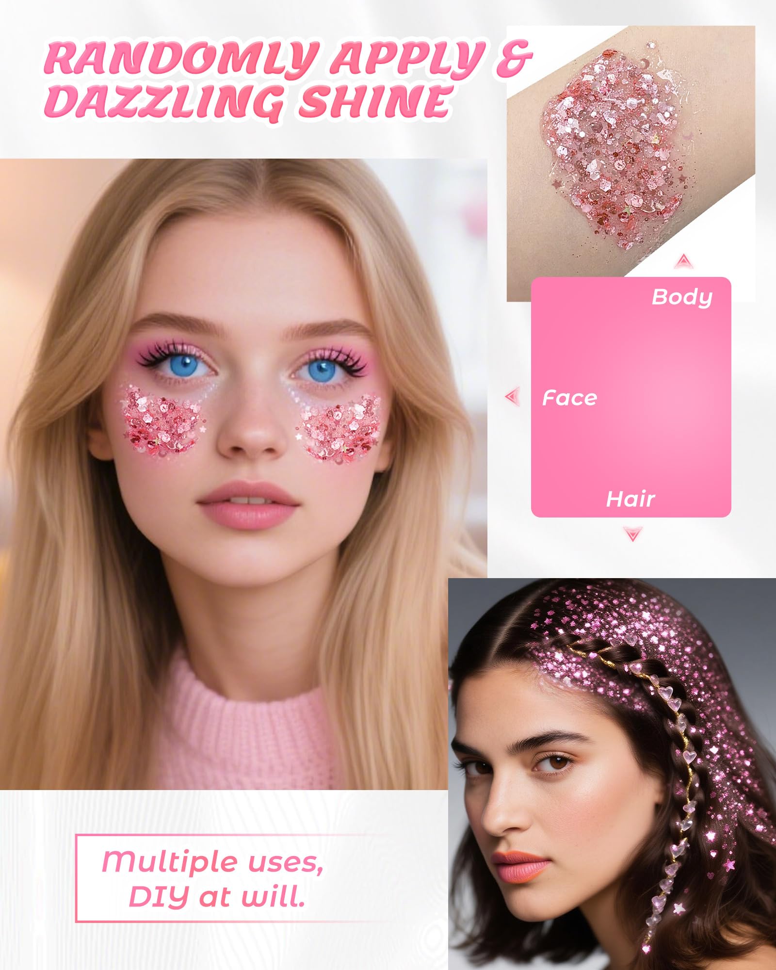 Demonstration of the self-adhesive pink glitter cream being applied smoothly to long hair braids.