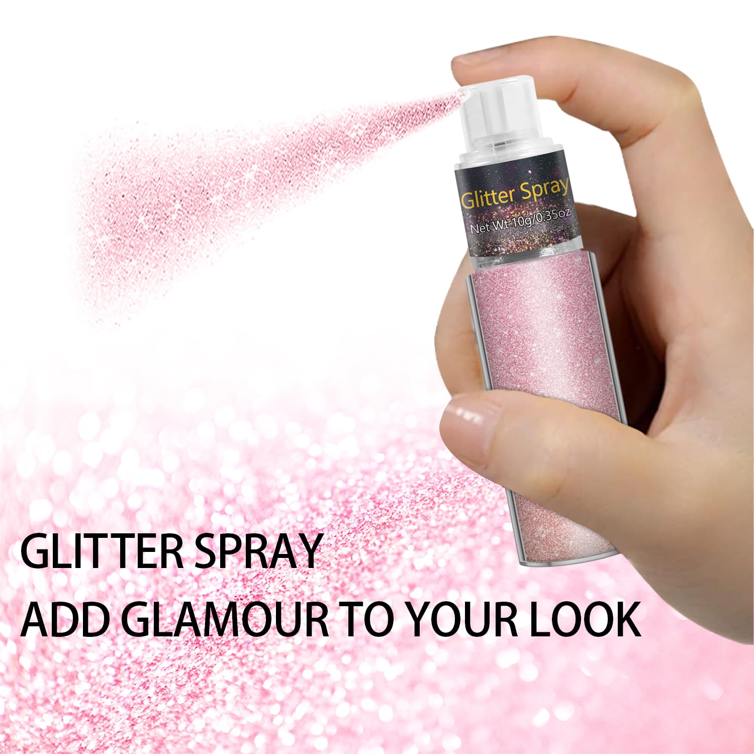 Meilury loose shimmer highlighter powder applied as a body highlighter on skin.