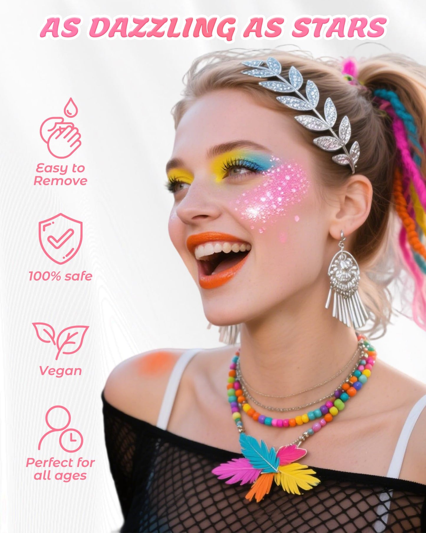 A young woman wearing vibrant pink holographic facial glitter makeup at a music concert.