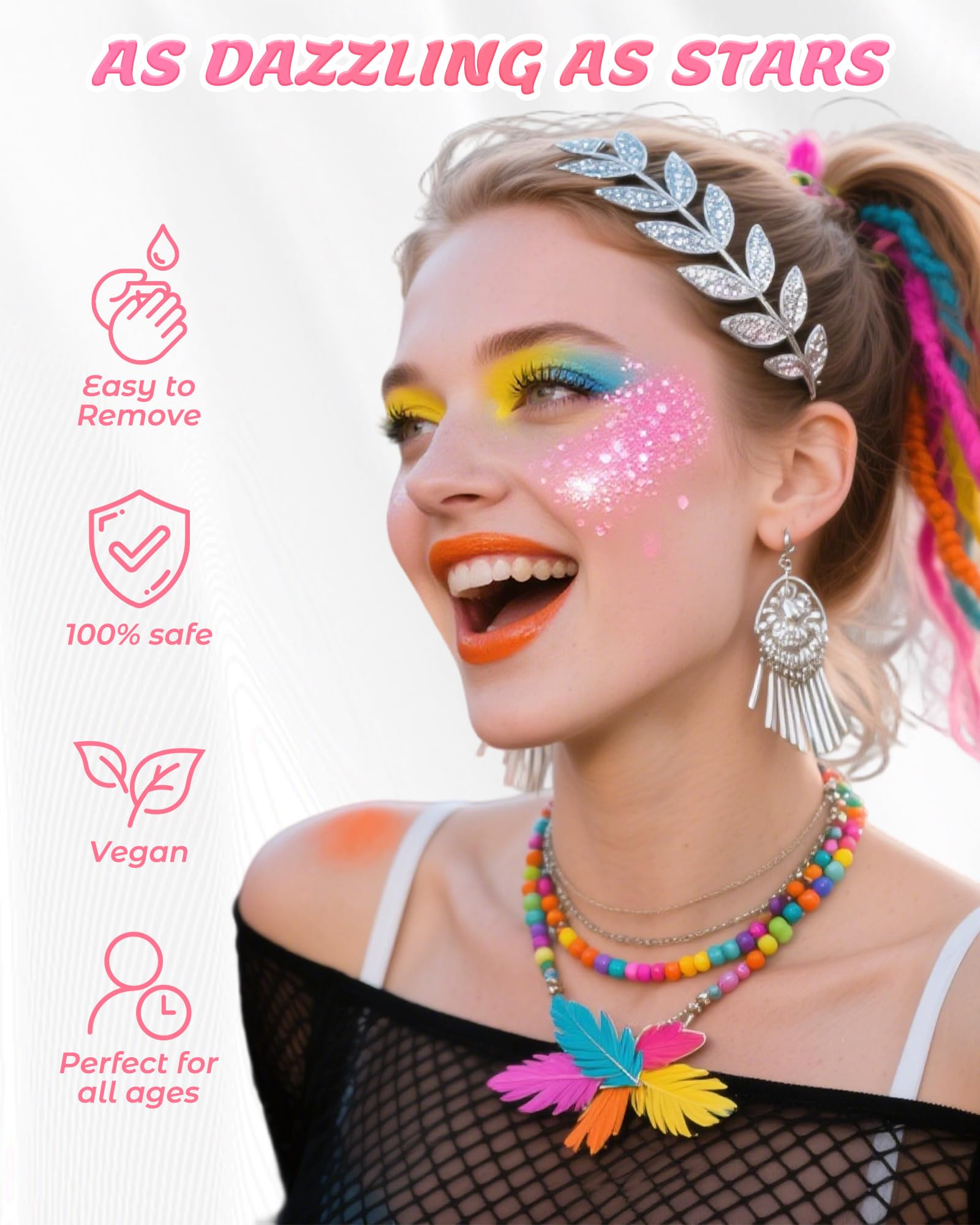 A young woman wearing vibrant pink holographic facial glitter makeup at a music concert.