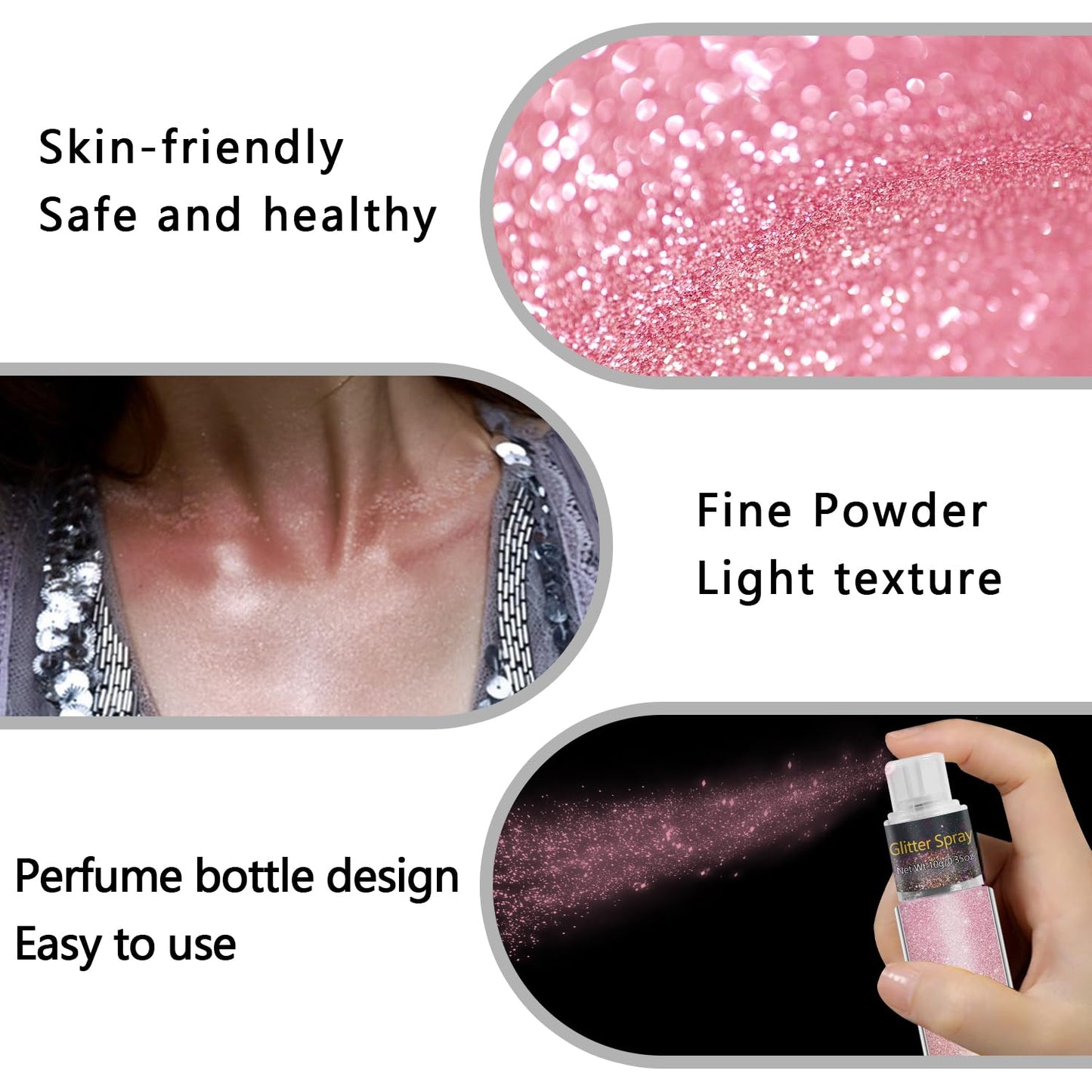 Travel-friendly pink glitter spray bottle next to festival accessories.