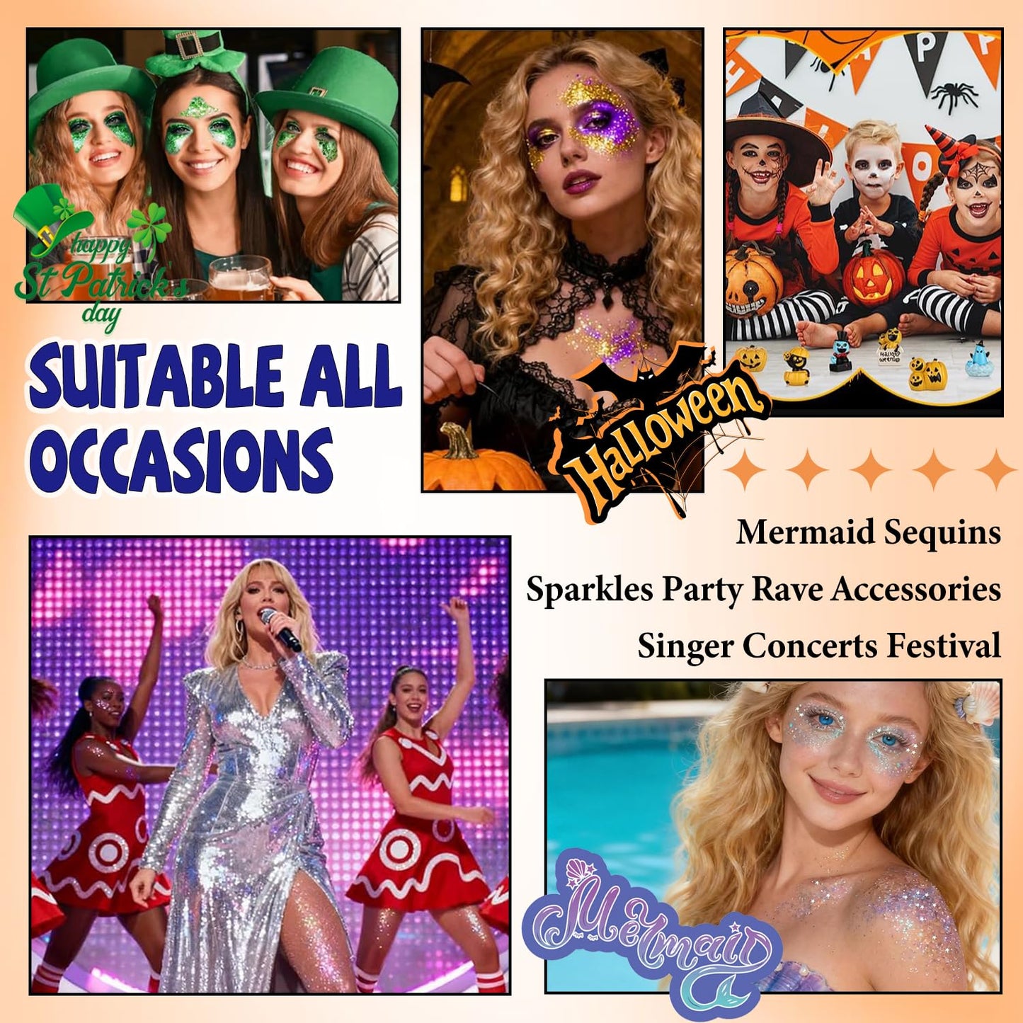 Cosmetic mermaid sequins applied on cheekbones for festival makeup inspiration