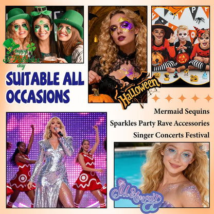Cosmetic mermaid sequins applied on cheekbones for festival makeup inspiration