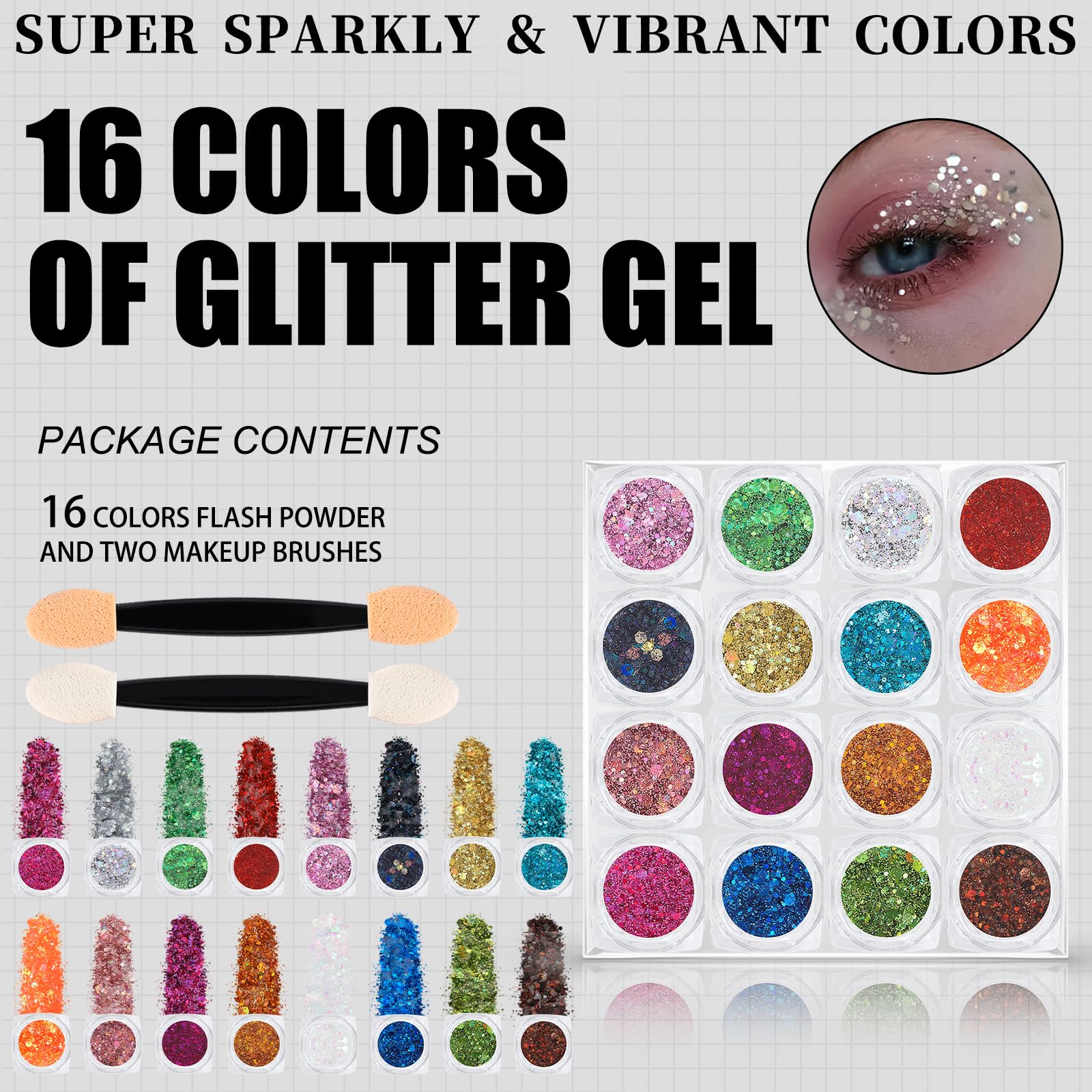 ANGXILIN holographic makeup glitter pots displayed open revealing vibrant multi-colored sequins.