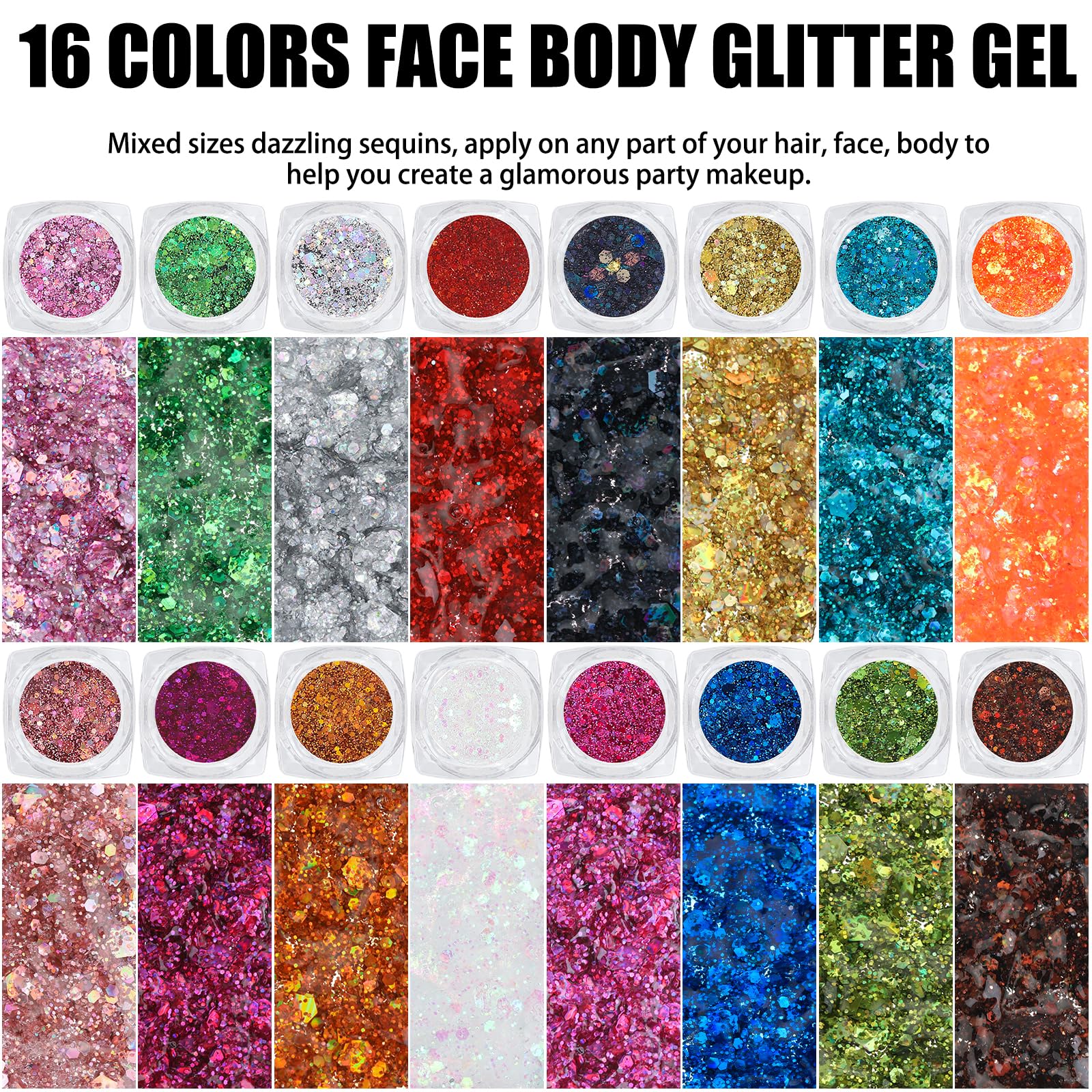 Cosmetic-grade body glitter gel jars with protective pressure-sensitive films and screw caps.