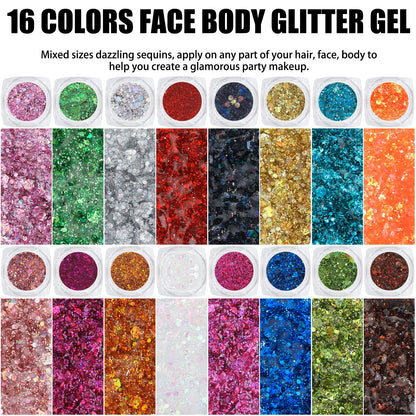Cosmetic-grade body glitter gel jars with protective pressure-sensitive films and screw caps.