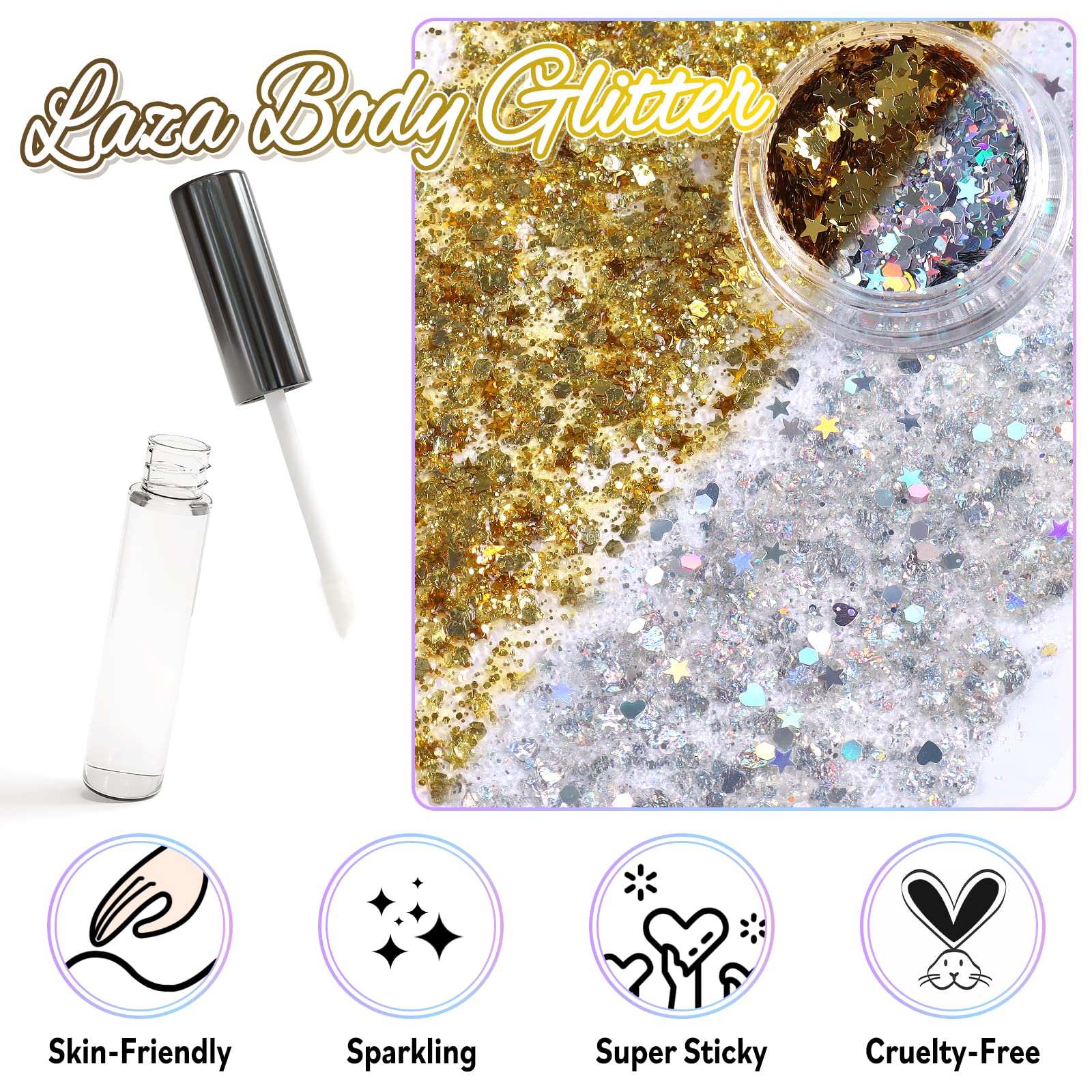 Laza festival rave makeup kit showing iridescent star and heart shaped cosmetic glitter jars