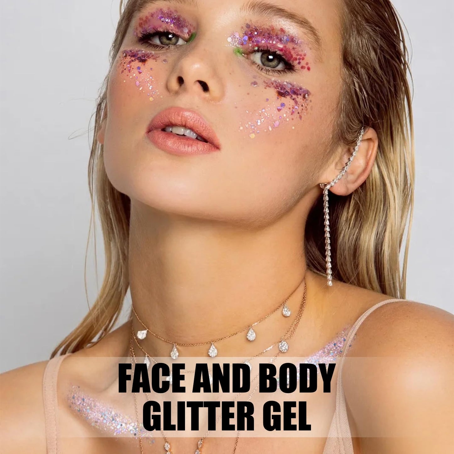 Close up of iridescent and holographic glitter gel texture shades for rave accessories.