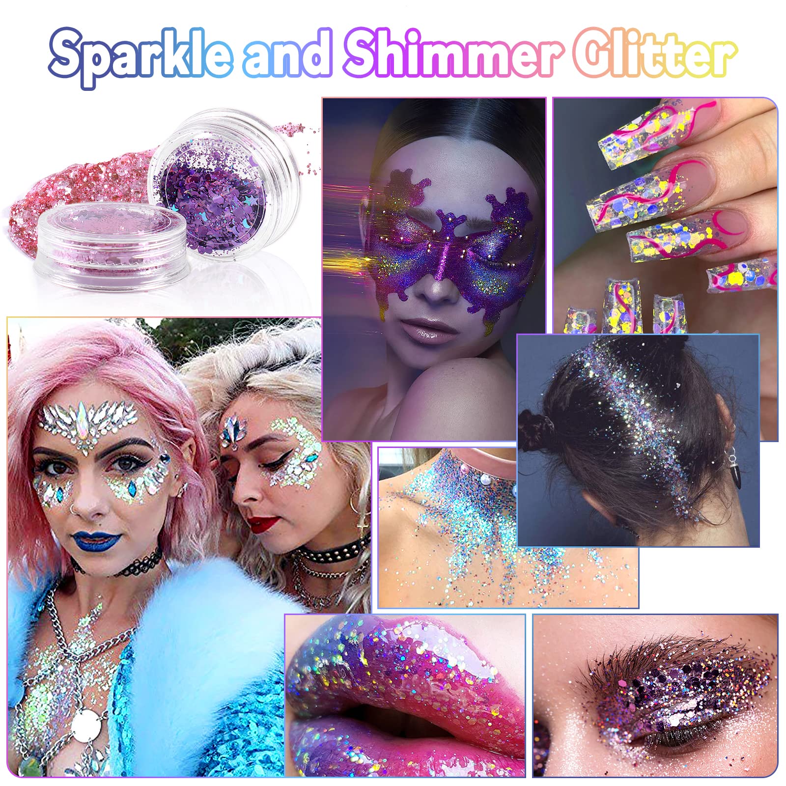 Laza cosmetic grade chunky glitter sequins for hair and face paint styling close up