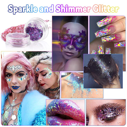 Laza cosmetic grade chunky glitter sequins for hair and face paint styling close up