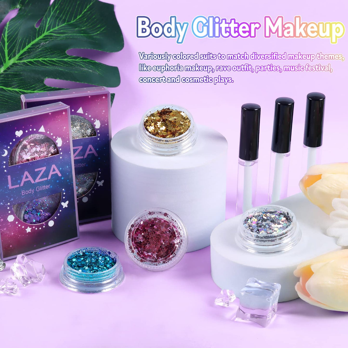 Laza authentic USA imported body glitter packaging showing two jars of vibrant carnival sequins