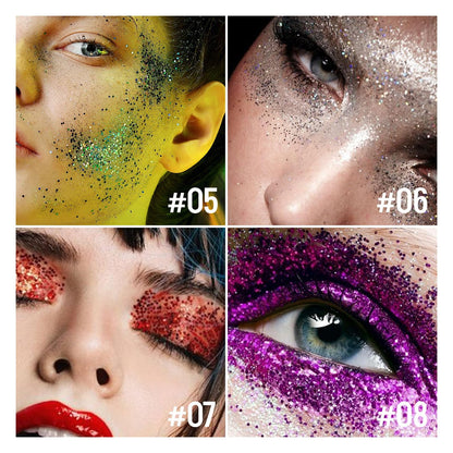 KYDA waterproof body glitter stick being applied to face cheekbones for festival makeup look.
