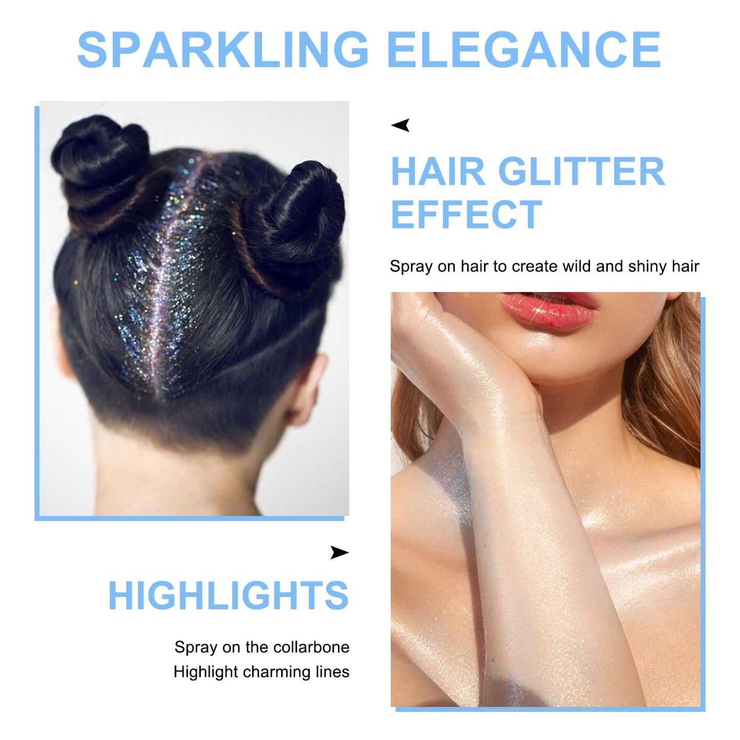 Topcent sparkling highlighter powder applied as a body shimmer on shoulders
