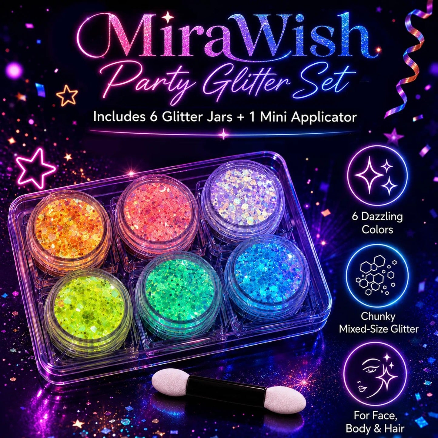 Holographic iridescent texture of cosmetic chunky face glitter gel under regular room lighting conditions