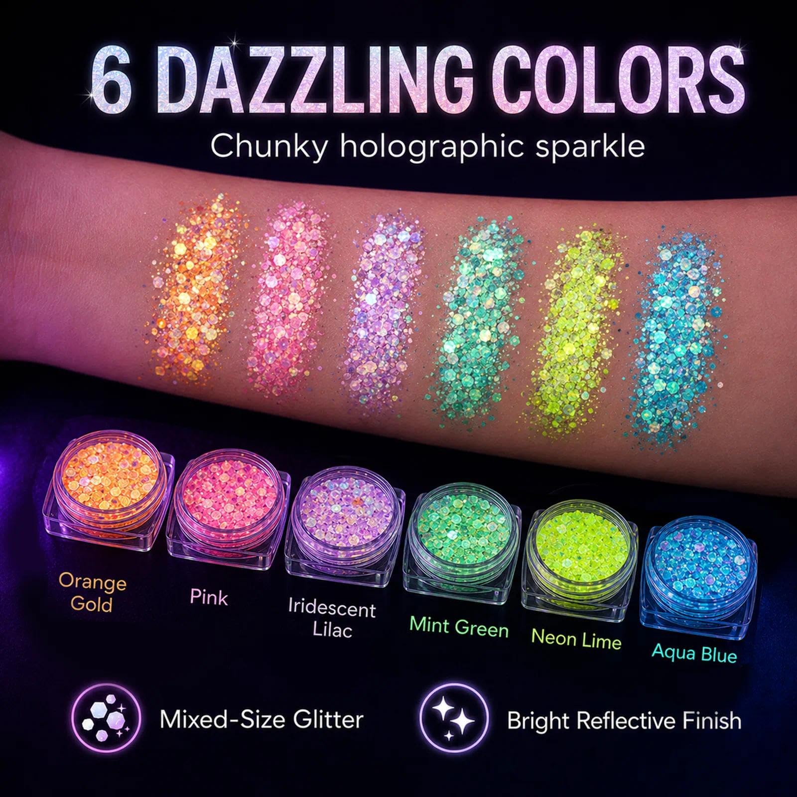 Fluorescent glowing effect of six colors festival cosmetic gel reacting brightly under UV black light conditions
