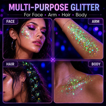 Model showing application of neon pink and glowing green glitter gel on the hair parting and cheekbones