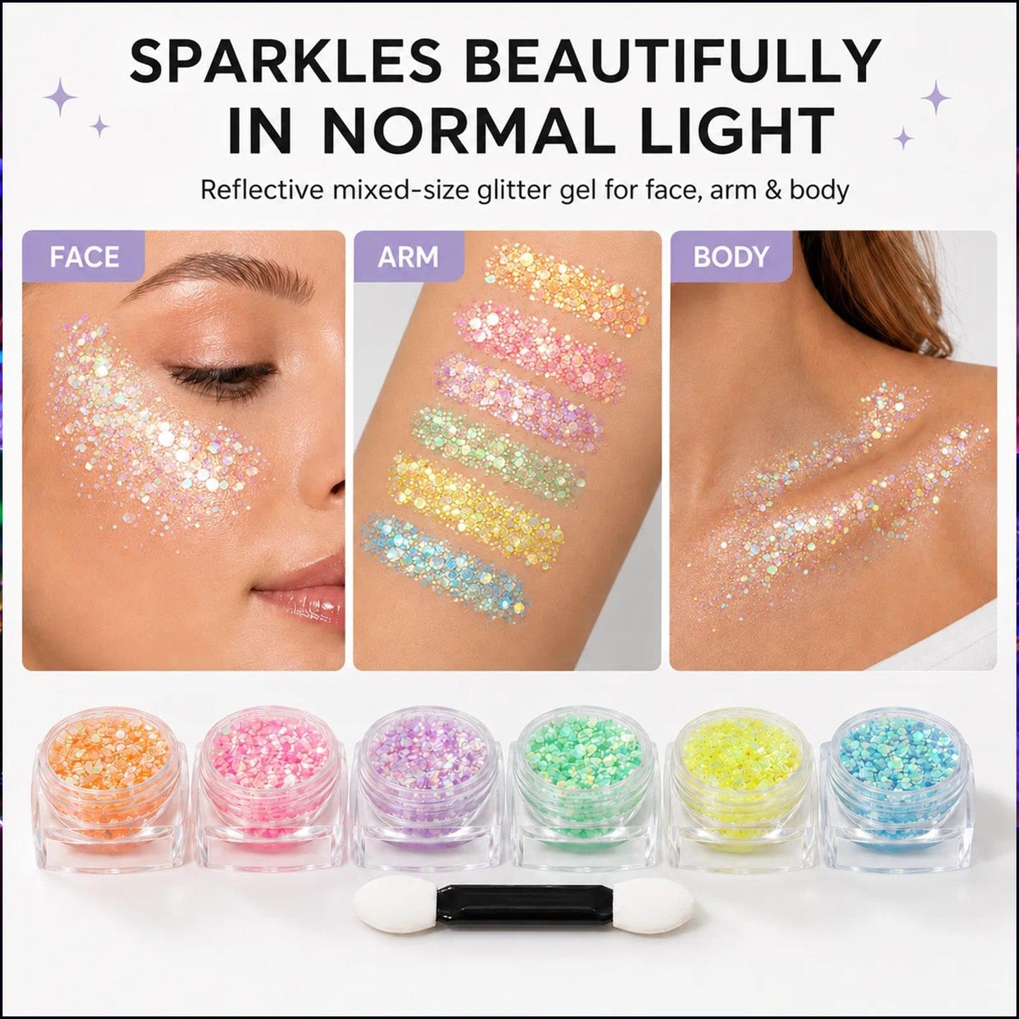 Water based self adhesive glitter formula drying quickly on skin without requiring additional makeup glue